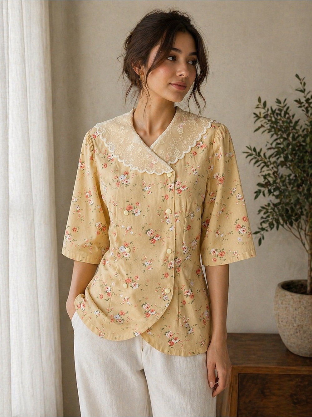 Vintage Floral Cream Top